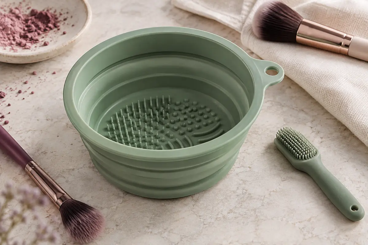 Bol pliable vert en silicone à reliefs pour nettoyer les pinceaux, accompagné de sa brosse.
