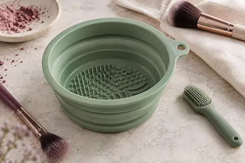 Bol pliable vert en silicone à reliefs pour nettoyer les pinceaux, accompagné de sa brosse.
