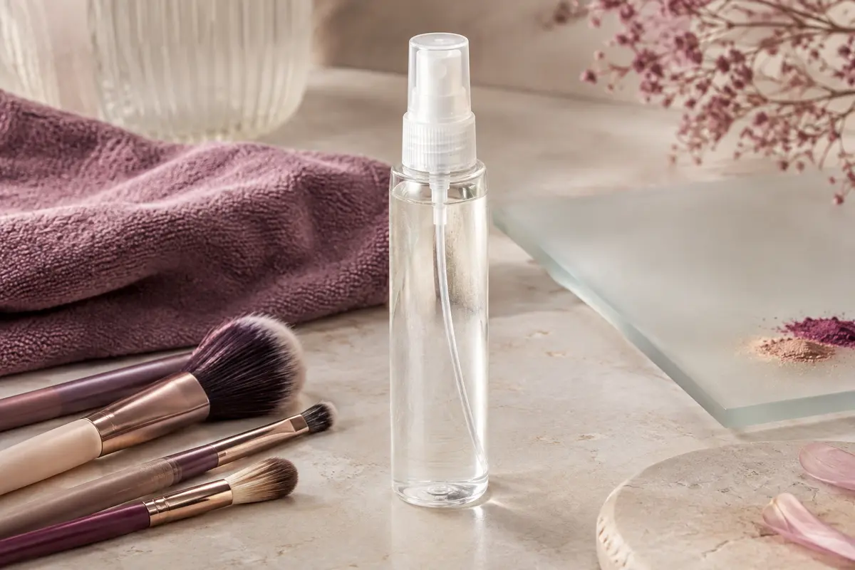 Flacon vaporisateur transparent de nettoyant pour pinceaux posé près de pinceaux sur une pierre claire.