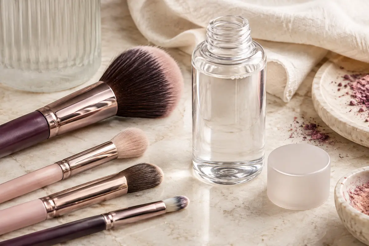 Recharge de nettoyant Isoclean près de pinceaux de maquillage sur une surface claire