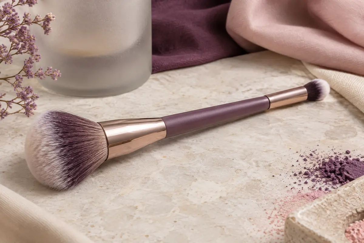 Pinceau IT Cosmetics à double embout posé sur une pierre claire, avec ses têtes synthétiques large et précise visibles.