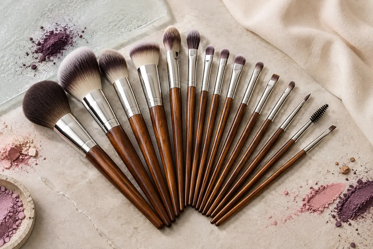 Quinze pinceaux de maquillage aux manches marron disposés sur une pierre claire avec des pigments colorés.