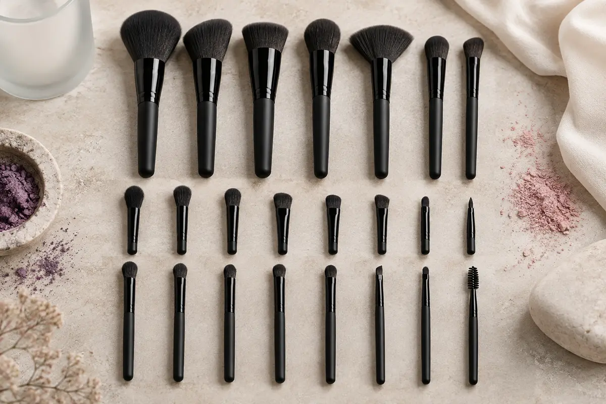 Vingt et un pinceaux de maquillage entièrement noirs, grands pinceaux visage et petits pinceaux yeux, alignés en trois rangées sur une pierre claire