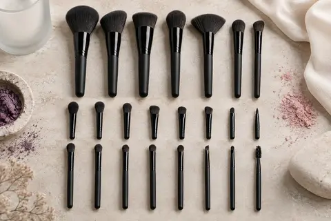 Vingt et un pinceaux de maquillage entièrement noirs, grands pinceaux visage et petits pinceaux yeux, alignés en trois rangées sur une pierre claire