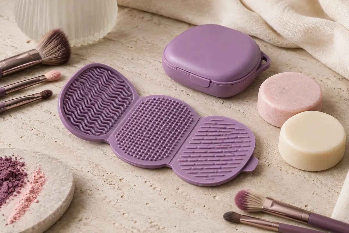 Tapis nettoyant en silicone violet ouvert avec ses deux savons solides sur une pierre claire.