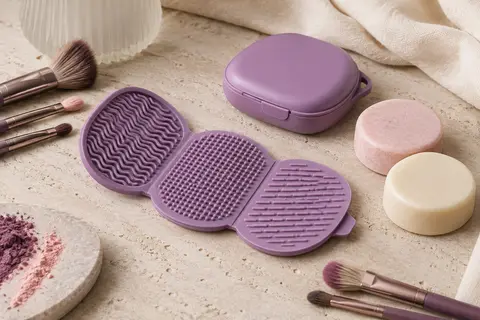 Tapis nettoyant en silicone violet ouvert avec ses deux savons solides sur une pierre claire.