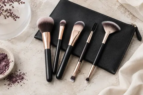 Kit de cinq pinceaux de maquillage aux embouts variés avec sa pochette noire plate effet Saffiano.