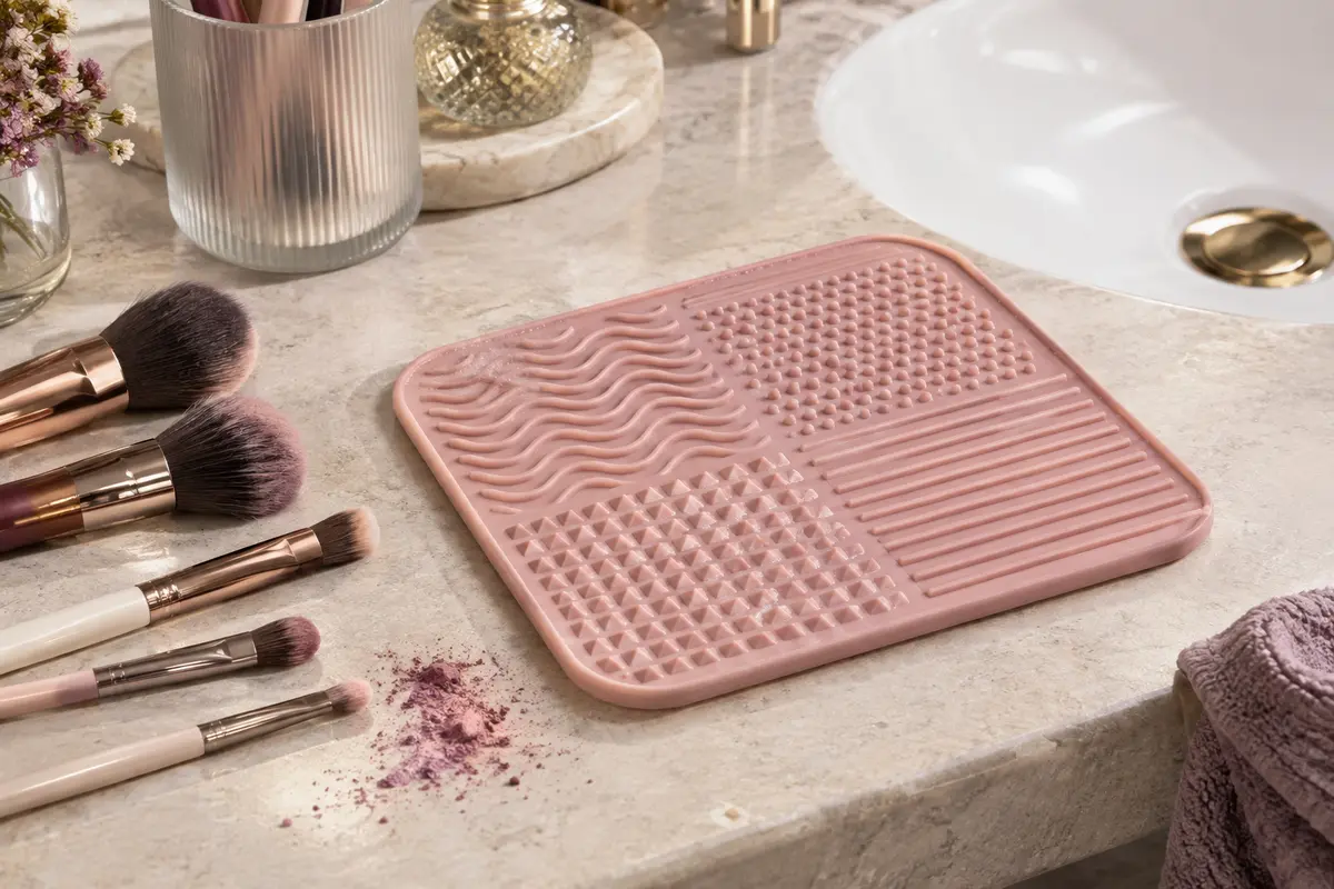 Tapis de nettoyage rose en silicone avec quatre textures, posé près de pinceaux de maquillage