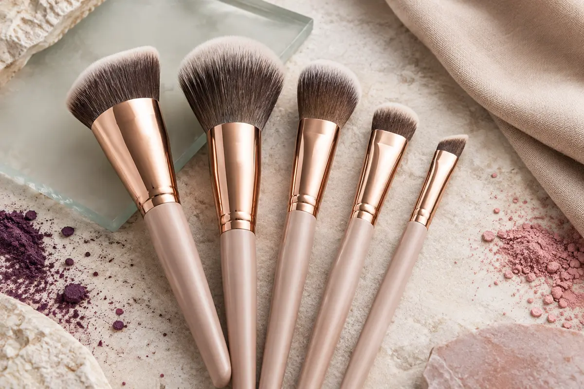 Cinq pinceaux de contouring aux manches or rose disposés sur une surface en pierre claire