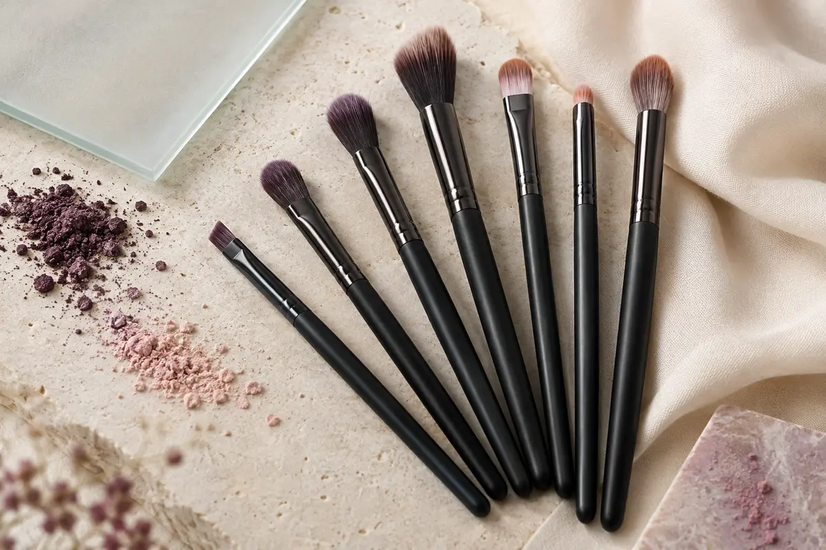 Sept pinceaux noirs pour les yeux aux formes variées, disposés sur une pierre claire avec des pigments