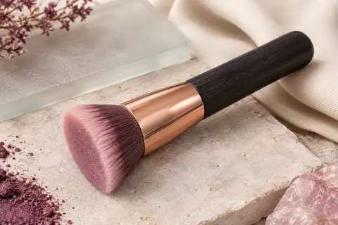 Pinceau kabuki plat Lamora rose, à fibres denses, manche en bois noir et virole cuivrée, posé sur une pierre claire.