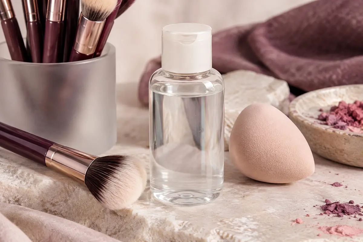 Flacon de nettoyant liquide clair près d’un pinceau et d’une éponge de maquillage sur pierre claire