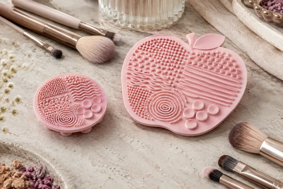 Deux tapis roses en silicone à reliefs, posés près de pinceaux de maquillage.