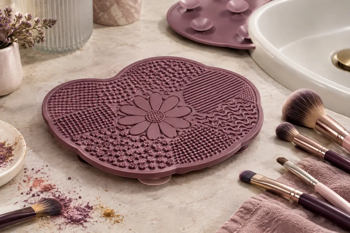 Tapis de nettoyage en silicone à textures variées et ventouses, posé près de pinceaux de maquillage