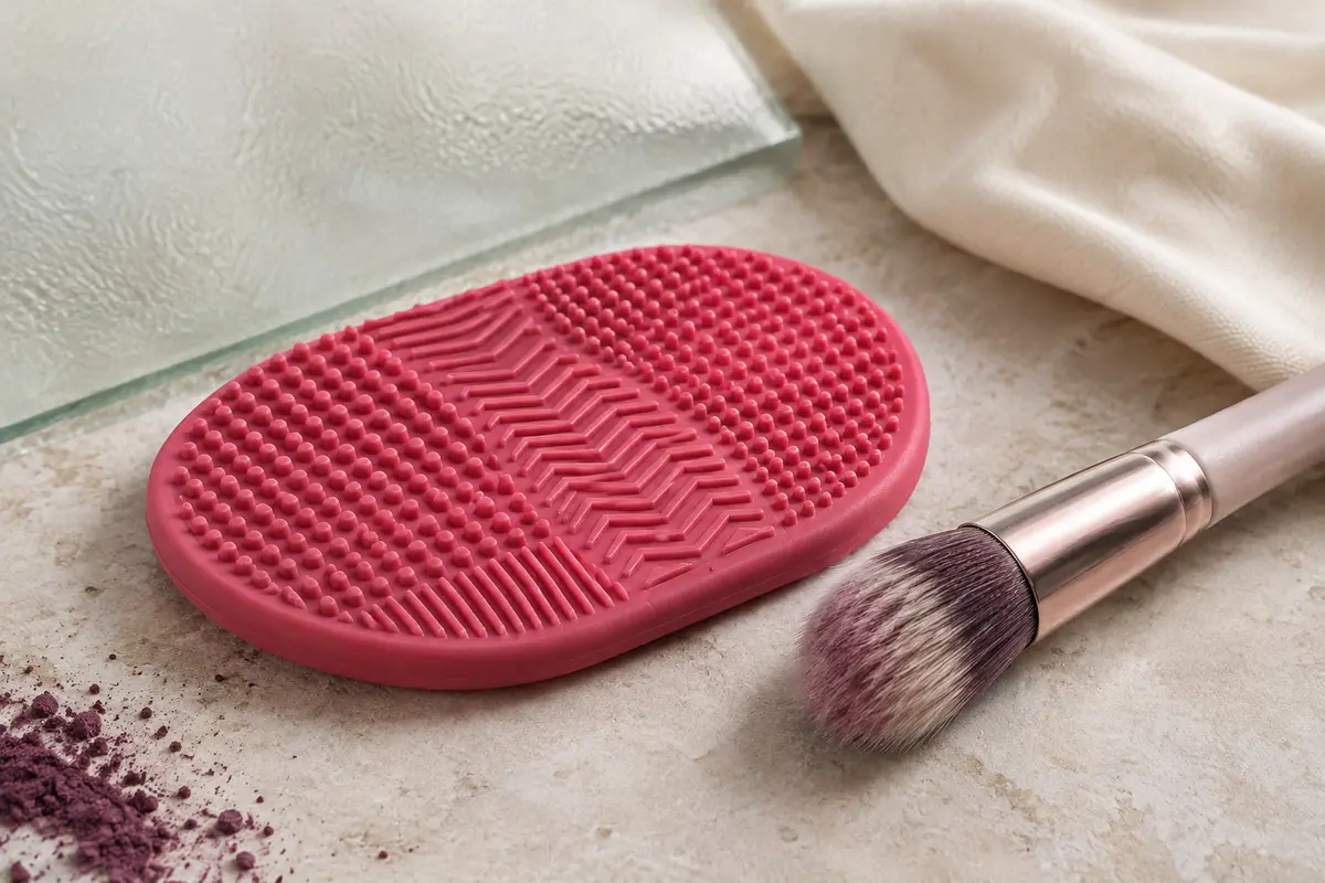 Tapis ovale en silicone rose rouge posé sur une pierre claire près d’un pinceau de maquillage