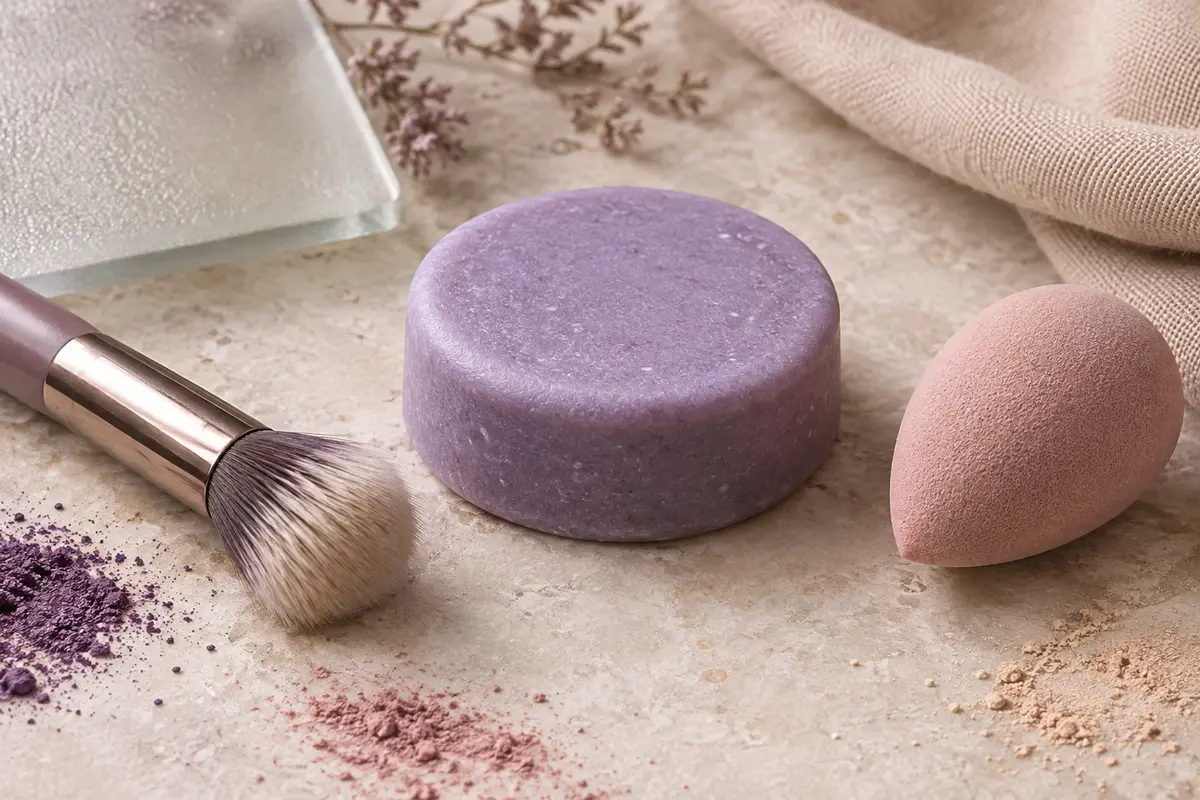 Savon solide lilas pour nettoyer les pinceaux de maquillage et les éponges, posé près d’un pinceau et d’une éponge