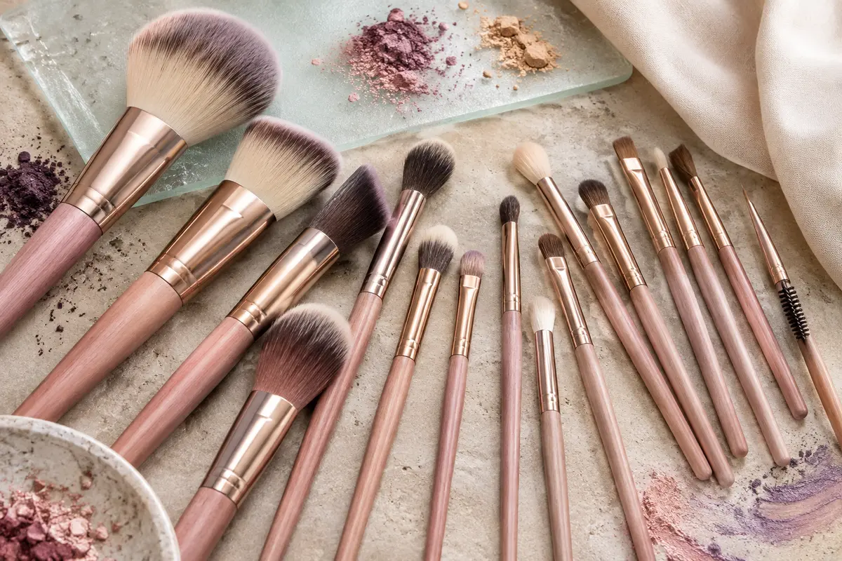 Assortiment de pinceaux de maquillage synthétiques à manches en bois rose doré, posé sur une pierre claire.