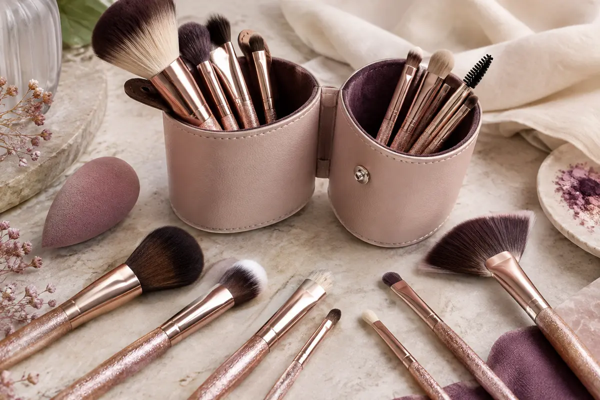Kit de pinceaux Niré aux reflets or rose, avec éponge et porte-pinceaux posé sur une pierre claire