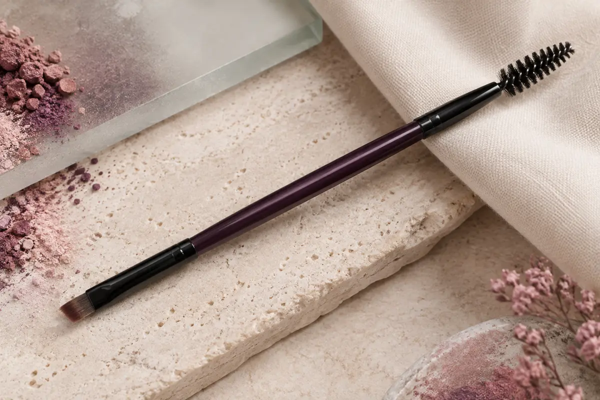 Pinceau à sourcils double-embout noir, tête biseautée et goupillon posés sur une pierre claire.