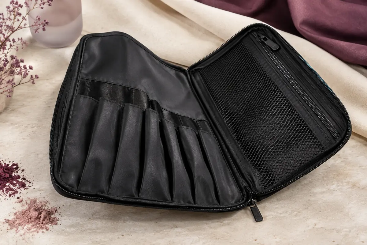 Trousse noire pliable ouverte, avec pochettes de rangement pour pinceaux et compartiments pour maquillage.