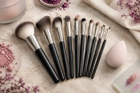 Dix pinceaux de maquillage à manches noirs alignés en éventail et une éponge en forme de goutte d’eau sur une pierre claire