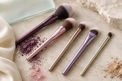 Cinq pinceaux de maquillage multicolores aux fibres synthétiques, disposés sur une surface claire.