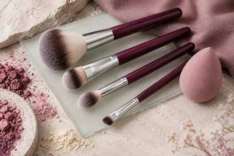 Quatre pinceaux de maquillage aux manches cranberry et une éponge de teint sur une pierre claire