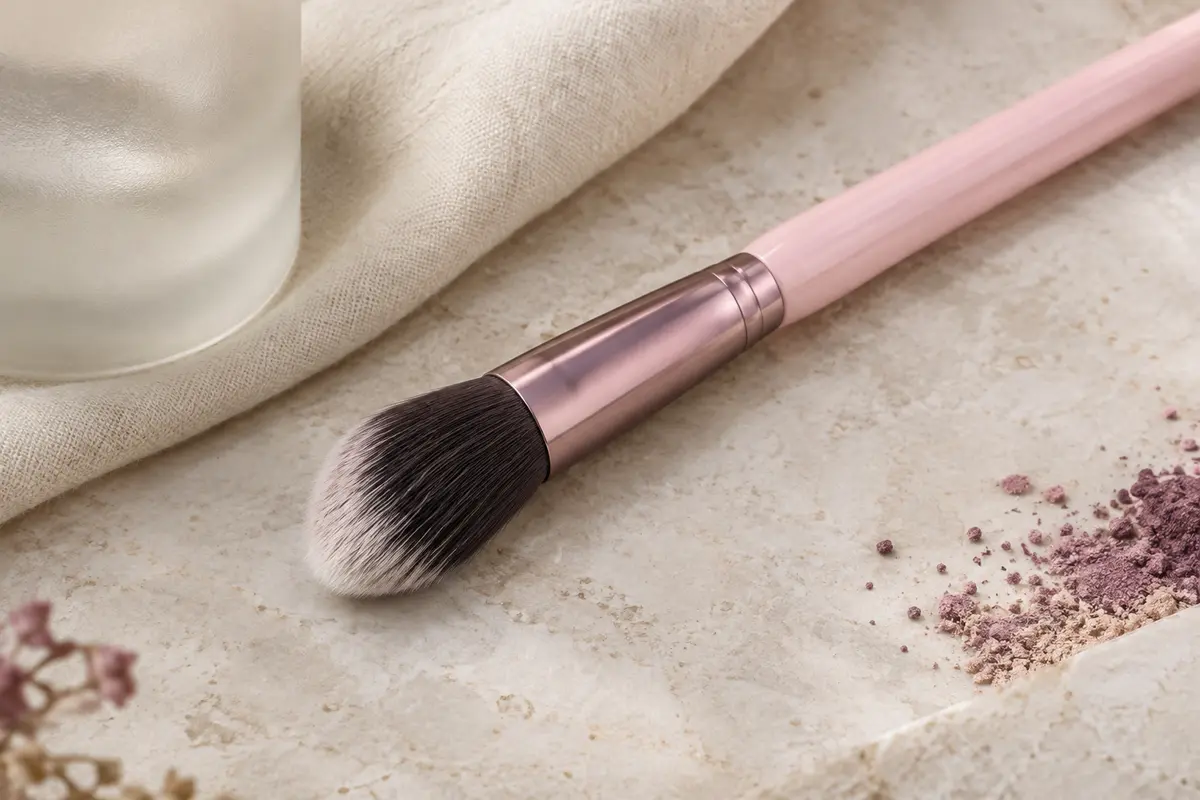 Pinceau de fixation rose à tête effilée posé sur une pierre claire près d’un tissu mat ivoire.