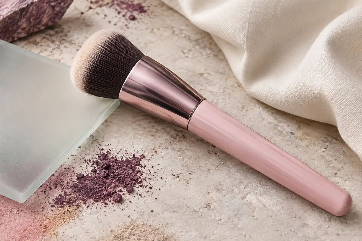 Pinceau Real Techniques à tête ronde et plate, fibres synthétiques denses et manche rose posé sur une pierre claire