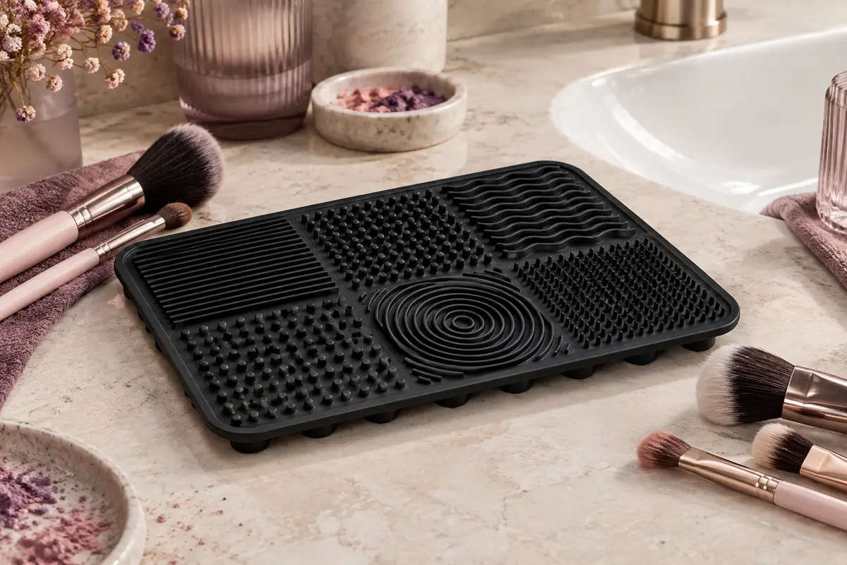 Tapis de nettoyage noir en silicone avec reliefs texturés, posé près de pinceaux sur une pierre claire.