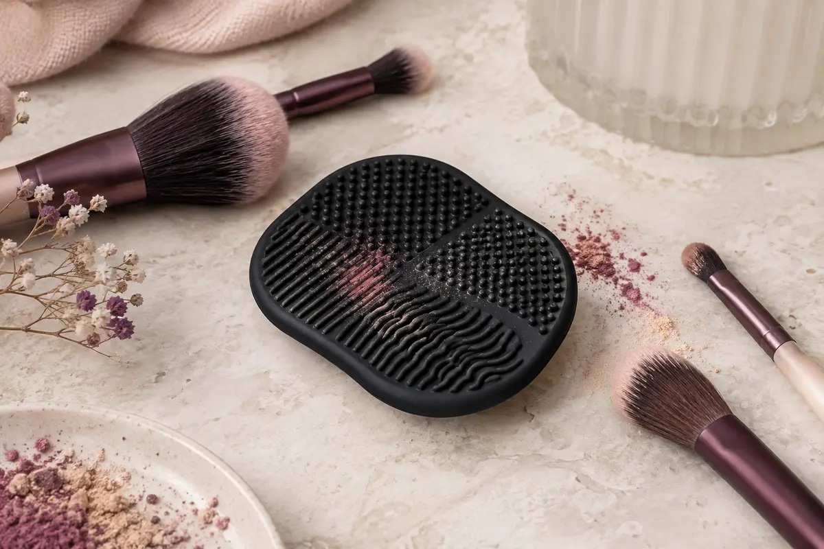 Tapis Color Switch noir en silicone texturé posé près de pinceaux de maquillage sur une pierre claire.