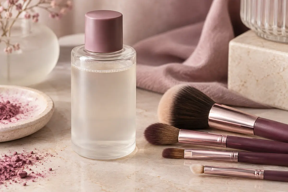 Flacon de nettoyant liquide pour pinceaux posé près de brosses sur une surface de pierre claire.