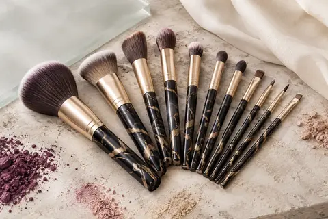 Dix pinceaux de maquillage à motif marbré, aux fibres synthétiques douces, disposés sur une pierre claire
