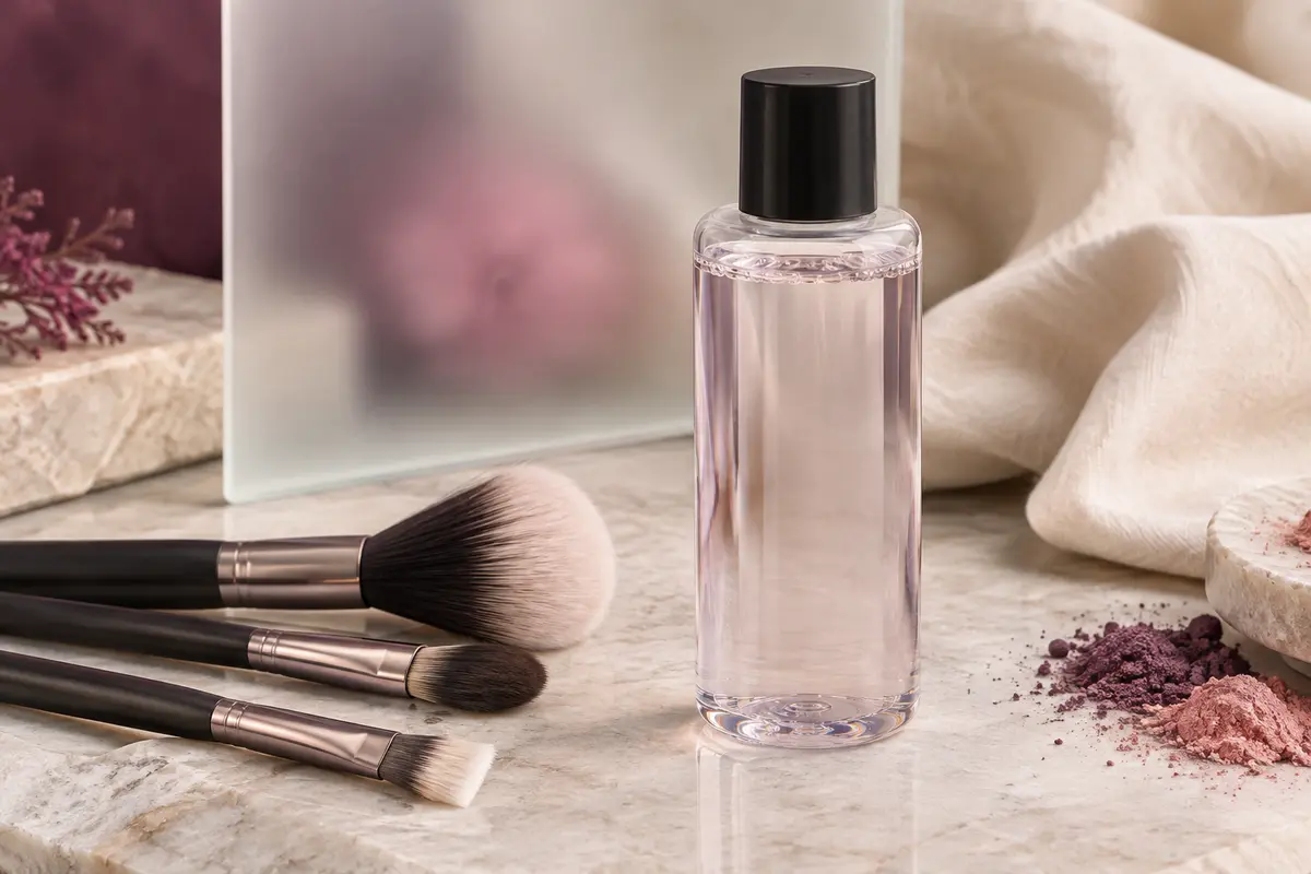 Flacon de nettoyant liquide posé près de pinceaux de maquillage sur une pierre claire