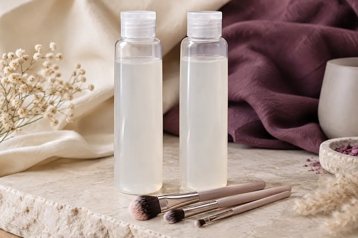 Deux flacons translucides de nettoyant liquide pour pinceaux posés debout sur une pierre claire, avec trois pinceaux de maquillage couchés devant.