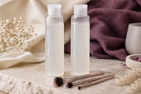 Deux flacons translucides de nettoyant liquide pour pinceaux posés debout sur une pierre claire, avec trois pinceaux de maquillage couchés devant.