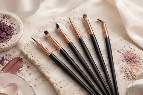 Six pinceaux noirs à embouts fins et coudés, posés sur une surface claire pour le maquillage des yeux.