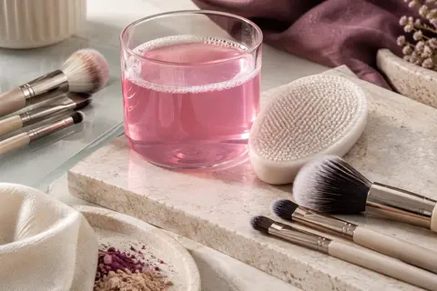 Nettoyant rose pour pinceaux près d’une éponge de nettoyage et de pinceaux posés sur une pierre claire.