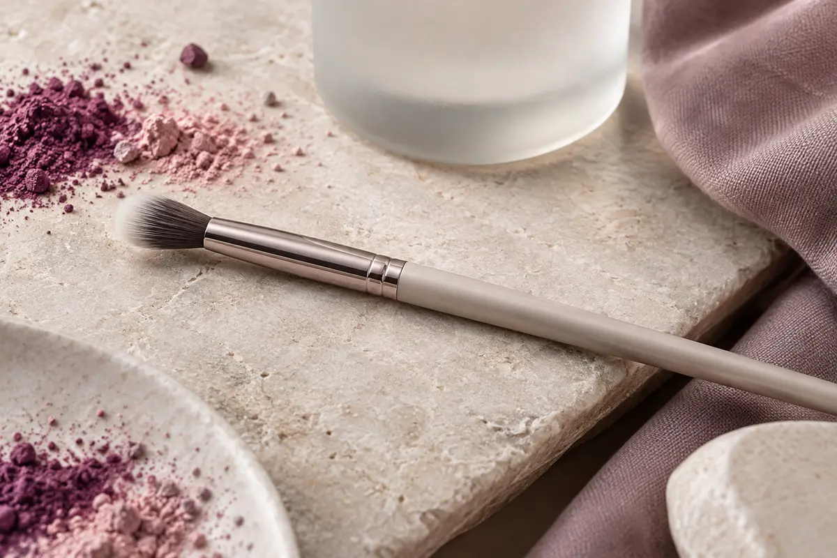 Pinceau estompeur à pointe longue et effilée posé sur une pierre claire près de pigments pour les yeux.