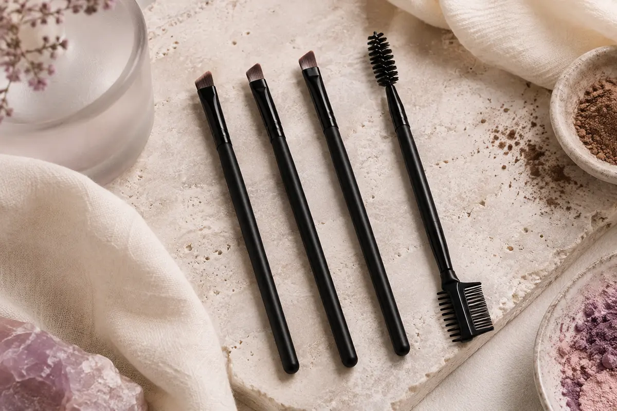 Trois pinceaux biseautés noirs pour les sourcils et un outil double tête avec brosse spirale et peigne à cils, posés sur une pierre claire