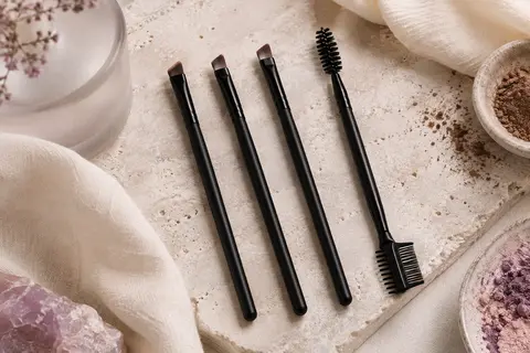 Trois pinceaux biseautés noirs pour les sourcils et un outil double tête avec brosse spirale et peigne à cils, posés sur une pierre claire