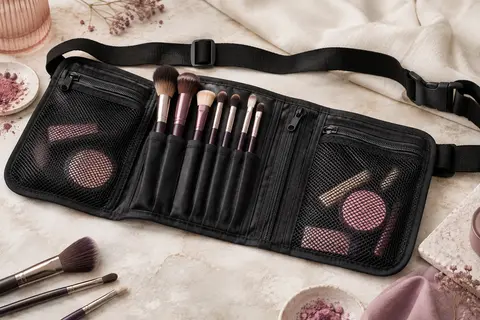 Pochette ceinture noire dépliée avec poches en filet zippées et pinceaux de maquillage rangés