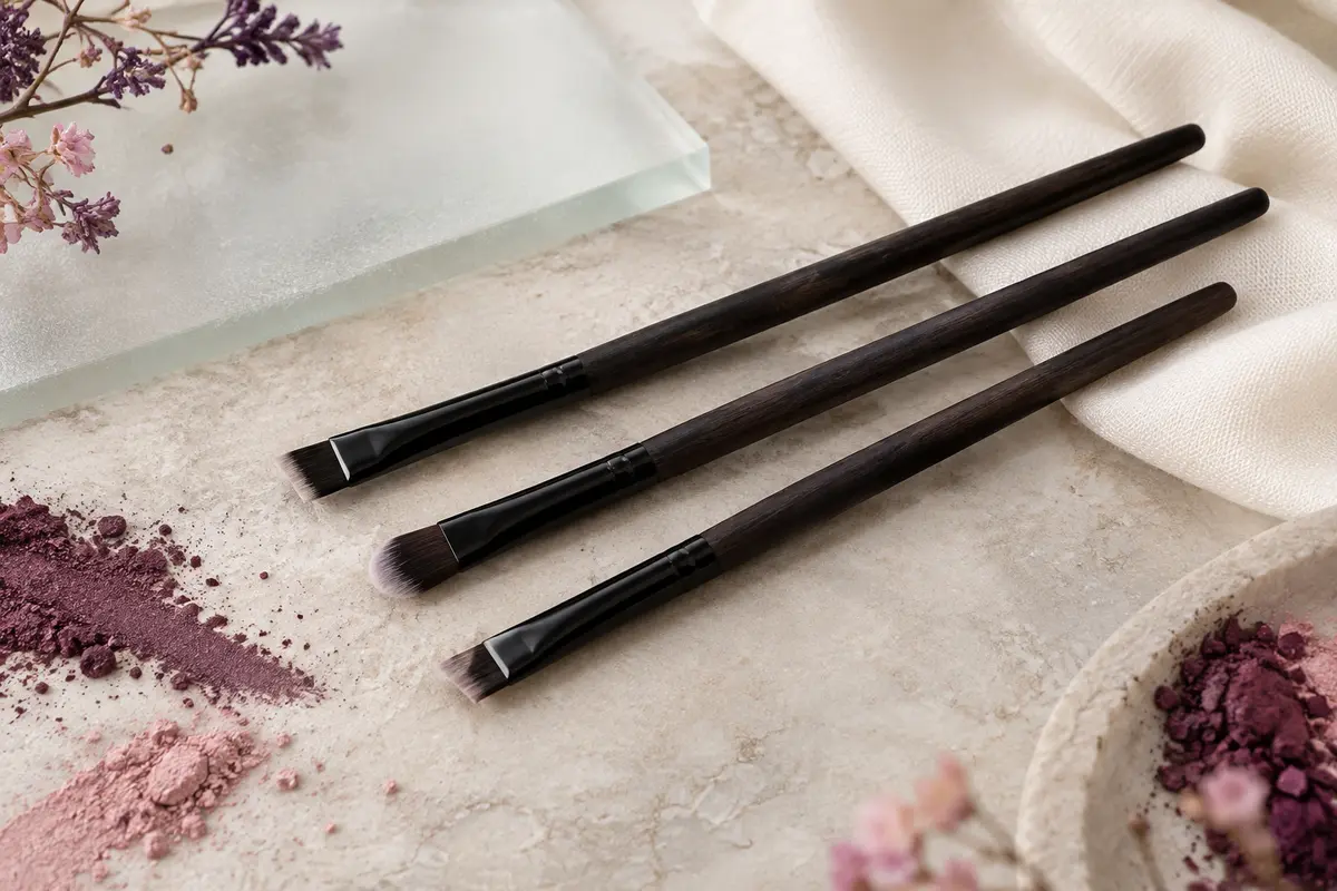 Trois pinceaux biseautés noirs pour eyeliner et sourcils posés sur une pierre claire.
