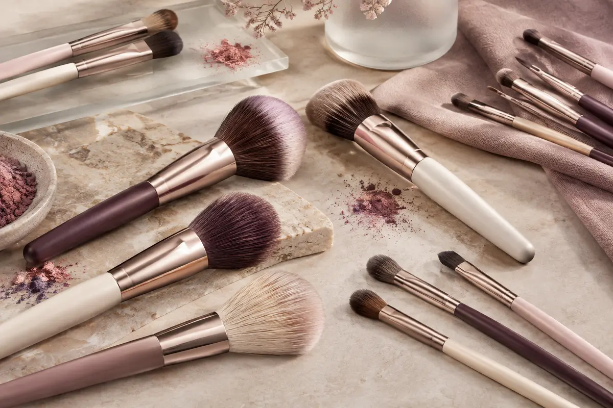 Pinceaux de maquillage pour le teint et les yeux dans une composition aux tons doux